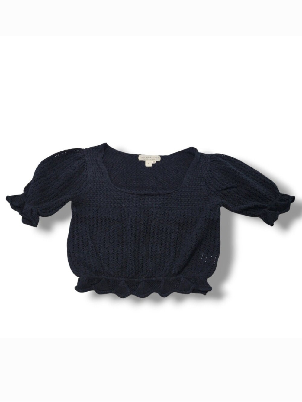 Saltwater Luxe Top Size Medium MD Woman's Knit Crop Top Square Neck Puff Sleeve